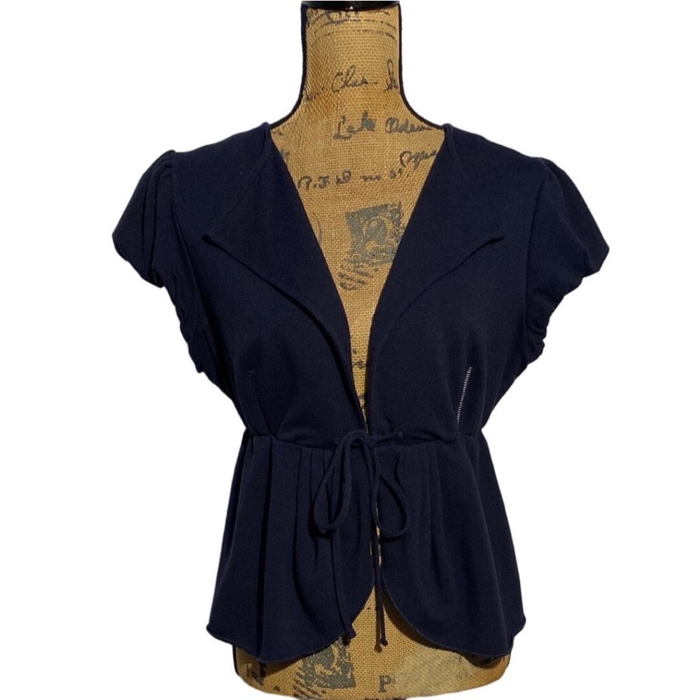 Hazel L Top Jacket Topper Navy Blue White Contrast Stitching Drawstring Waist